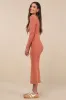 Elevated Coolness Washed Rust Long Sleeve Bodycon Midi Dress sold by Lulus