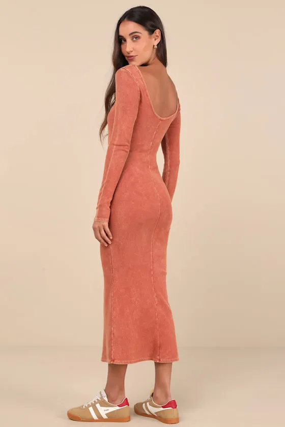 Elevated Coolness Washed Rust Long Sleeve Bodycon Midi Dress sold by Lulus product image thumbnail 3