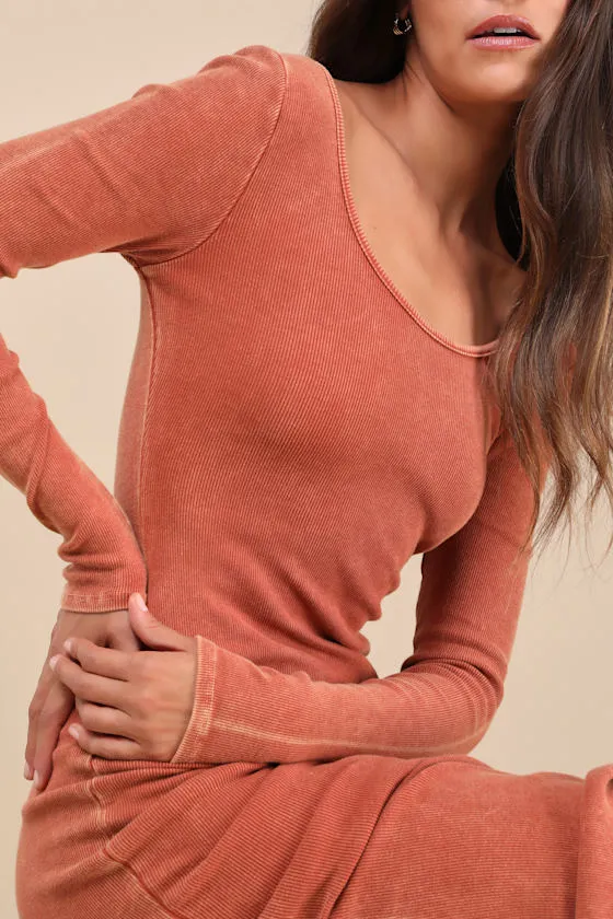Elevated Coolness Washed Rust Long Sleeve Bodycon Midi Dress sold by Lulus product image thumbnail 4
