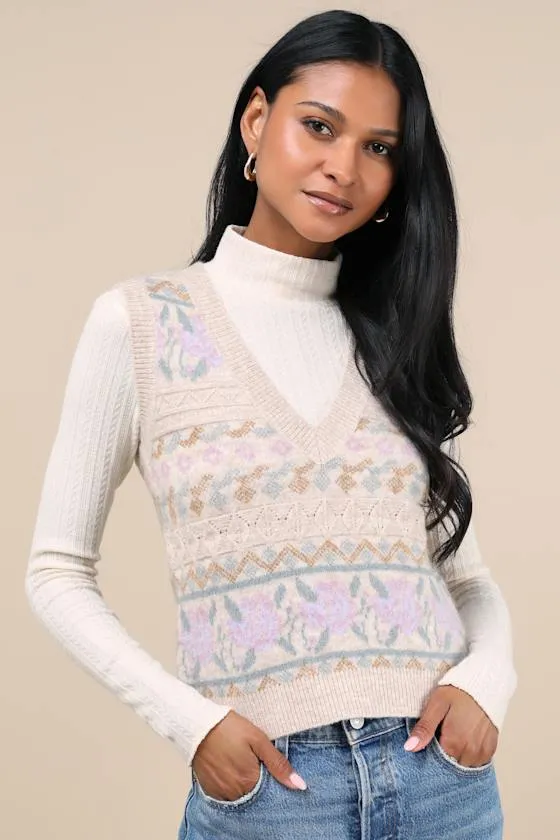 Posh Warmth Beige Floral Sweater Vest sold by Lulus product image thumbnail 2