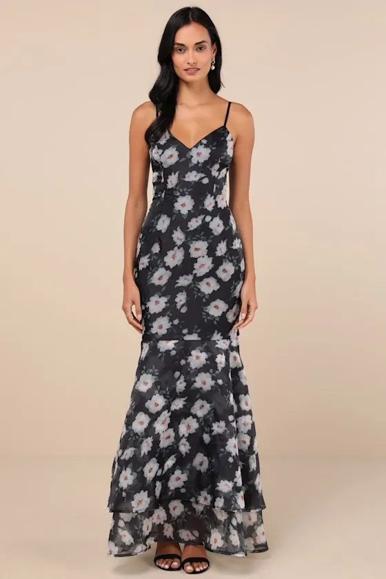 Pure Splendor Black Floral Organza Trumpet Maxi Dress sold by Lulus
