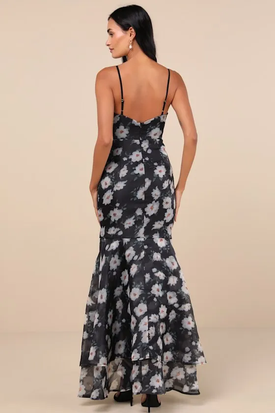 Pure Splendor Black Floral Organza Trumpet Maxi Dress sold by Lulus product image thumbnail 2