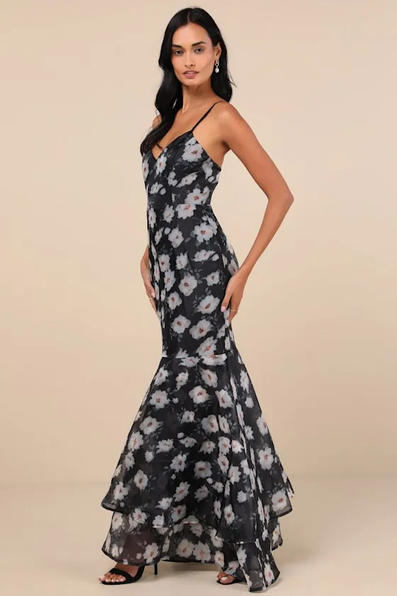 Pure Splendor Black Floral Organza Trumpet Maxi Dress sold by Lulus product image thumbnail 4