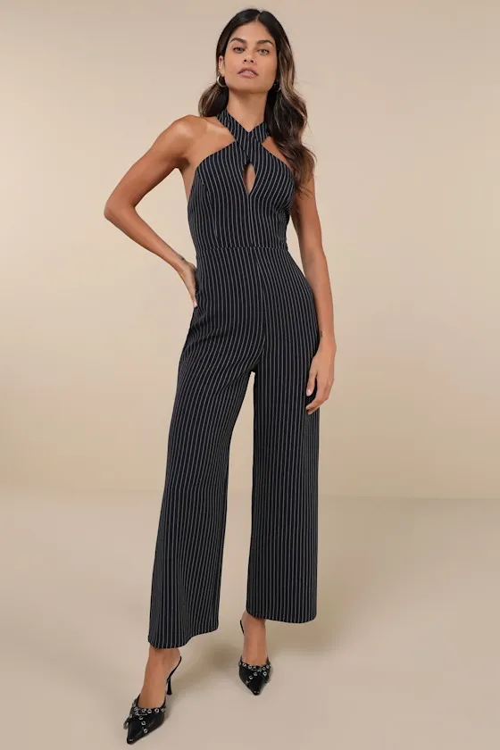 Iconic Situation Navy Pinstriped Backless Halter Jumpsuit sold by Lulus product image thumbnail 2