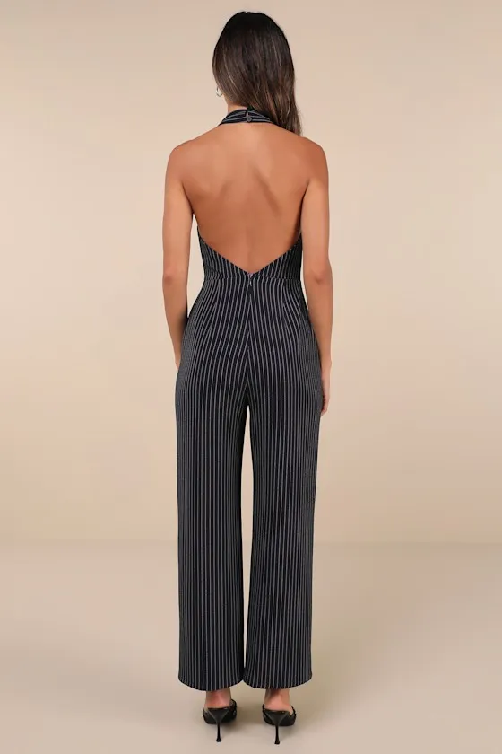 Iconic Situation Navy Pinstriped Backless Halter Jumpsuit sold by Lulus product image thumbnail 3