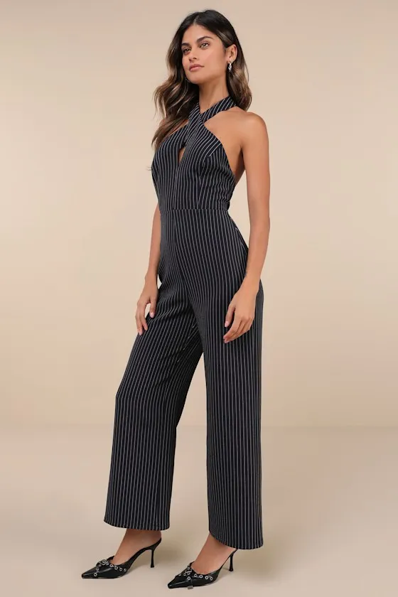 Iconic Situation Navy Pinstriped Backless Halter Jumpsuit sold by Lulus product image thumbnail 4
