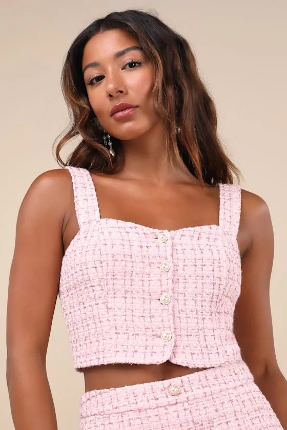 Charmed Perfection Light Pink Tweed Pearl Button-Up Crop Top sold by Lulus