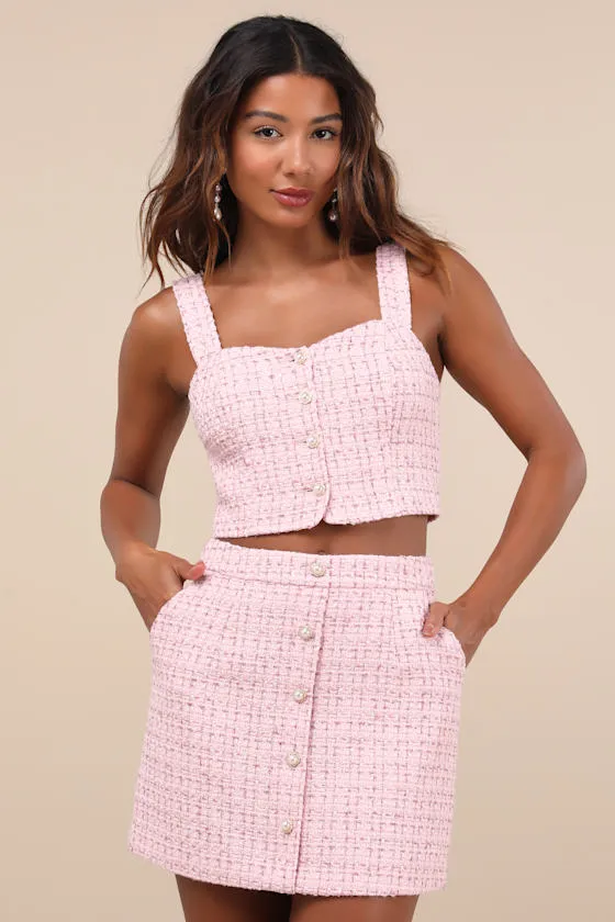 Charmed Perfection Light Pink Tweed Pearl Button-Up Crop Top sold by Lulus product image thumbnail 2