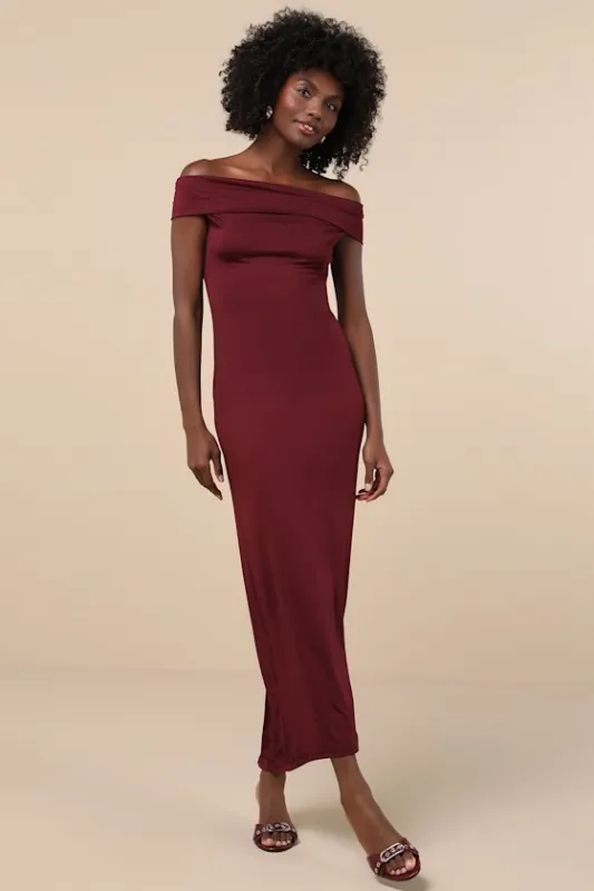 Clara Plum Purple Off-the-Shoulder Column Dress sold by Lulus