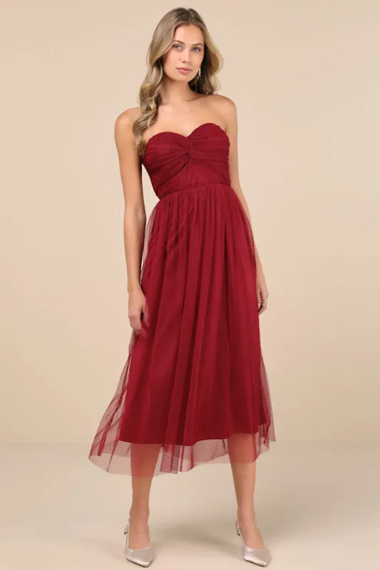 Perfect Whimsy Burgundy Mesh Strapless Midi Dress sold by Lulus