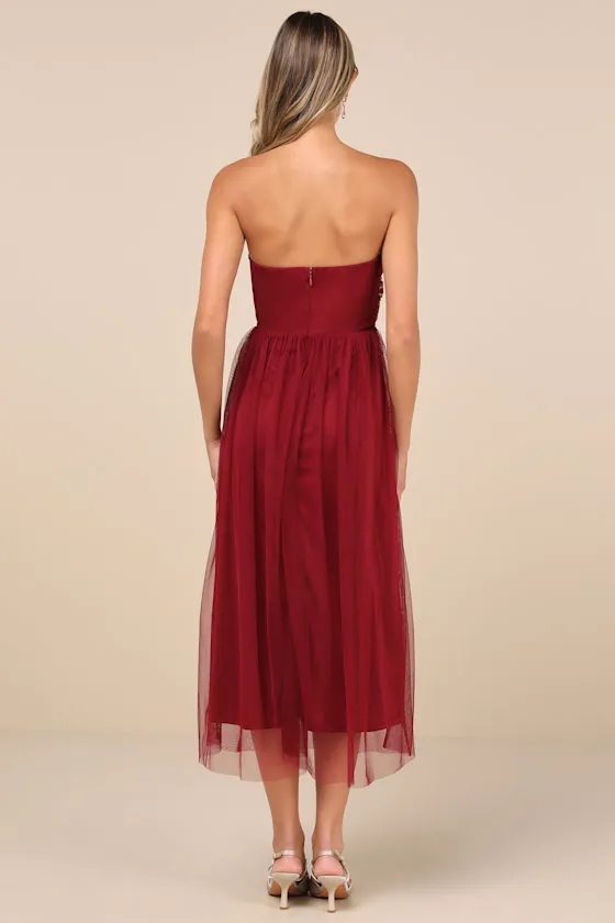 Perfect Whimsy Burgundy Mesh Strapless Midi Dress sold by Lulus product image thumbnail 2