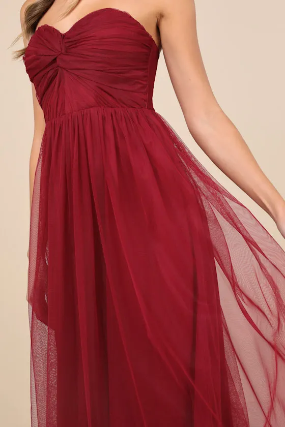 Perfect Whimsy Burgundy Mesh Strapless Midi Dress sold by Lulus product image thumbnail 3