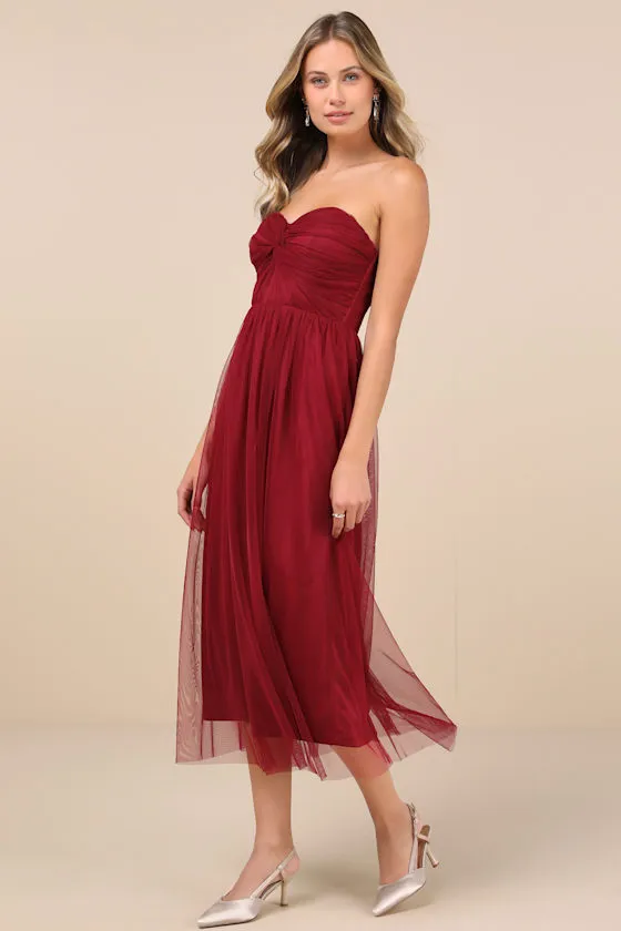 Perfect Whimsy Burgundy Mesh Strapless Midi Dress sold by Lulus product image thumbnail 4