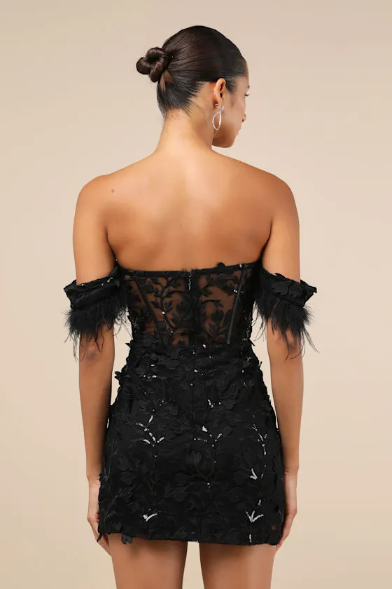 Midnight Sparkle Black Embroidered Feather Bustier Mini Dress sold by Lulus product image thumbnail 2
