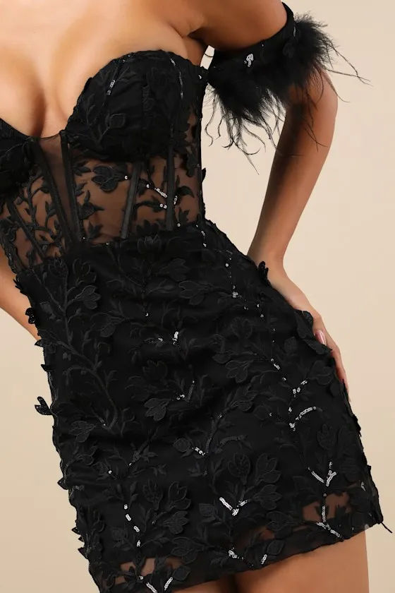 Midnight Sparkle Black Embroidered Feather Bustier Mini Dress sold by Lulus product image thumbnail 3