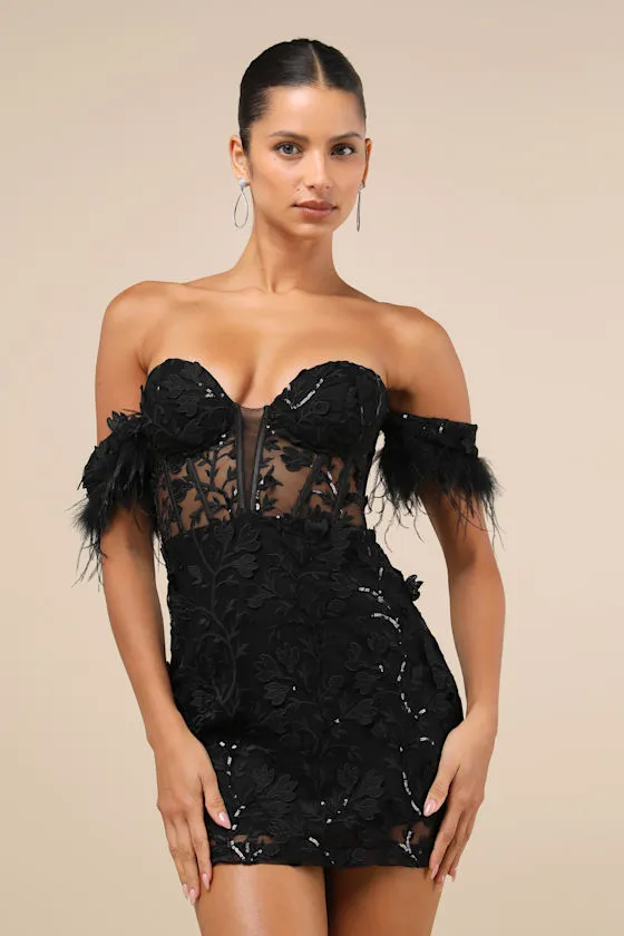 Midnight Sparkle Black Embroidered Feather Bustier Mini Dress sold by Lulus product image thumbnail 4
