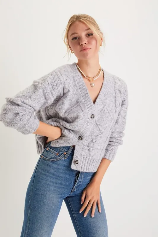 Adorable Comfort Heather Grey Cable Knit Cardigan Sweater sold by Lulus