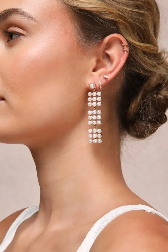 Exceptional Poise Gold and White Pearl Statement Drop Earrings sold by Lulus