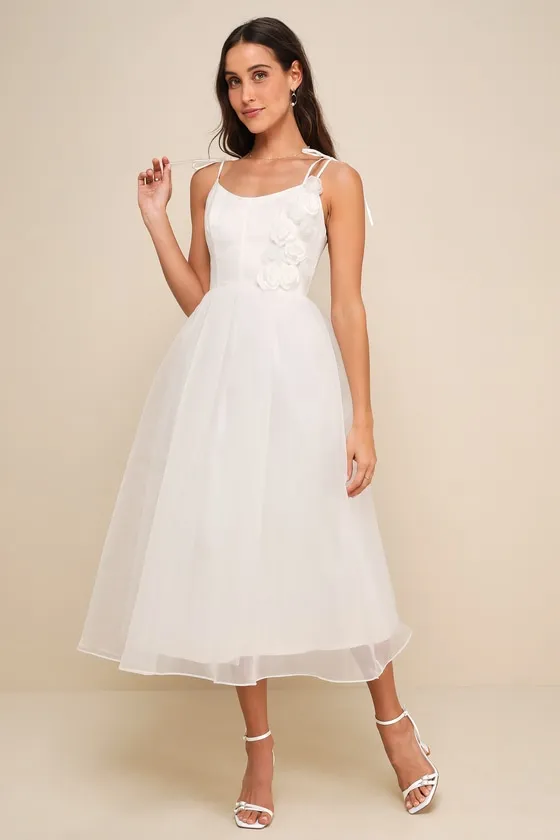 Intentionally Darling White Organza Tie-Strap Rosette Midi Dress sold by Lulus