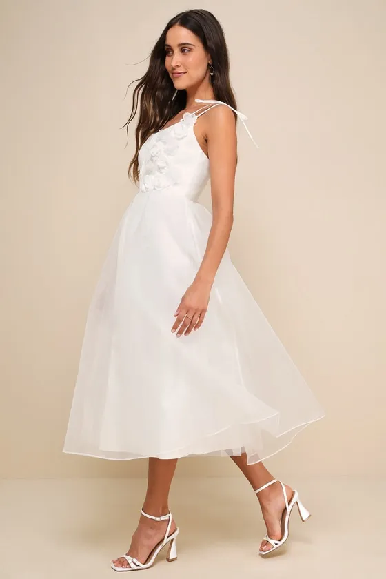 Intentionally Darling White Organza Tie-Strap Rosette Midi Dress sold by Lulus product image thumbnail 2