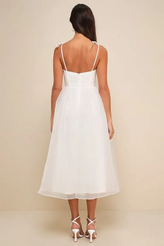 Intentionally Darling White Organza Tie-Strap Rosette Midi Dress sold by Lulus product image thumbnail 3