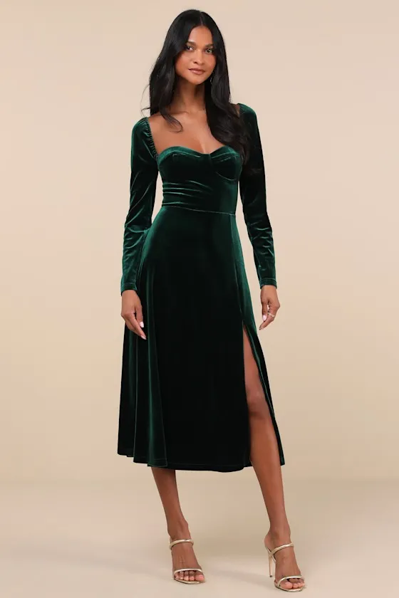 Precious Impression Emerald Green Velvet Bustier Midi Dress sold by Lulus