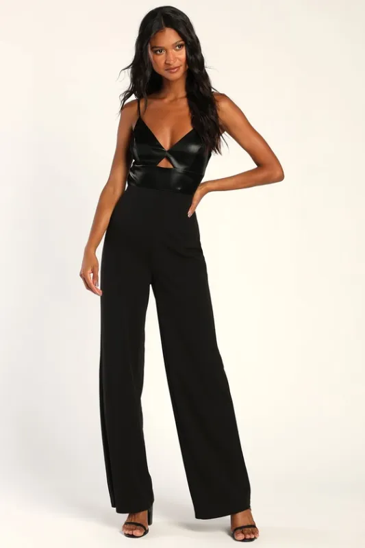 Fit the Fashion Black Sleeveless Vegan Leather Wide-Leg Jumpsuit sold by Lulus