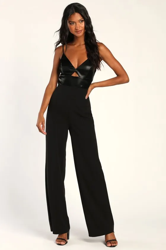 Fit the Fashion Black Sleeveless Vegan Leather Wide-Leg Jumpsuit sold by Lulus
