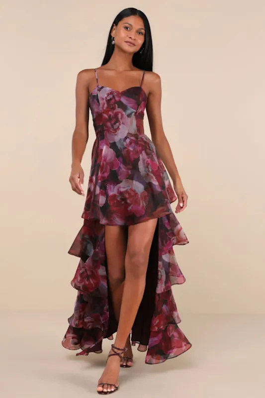 Stylish Decision Black and Magenta Floral Ruffled Maxi Dress sold by Lulus