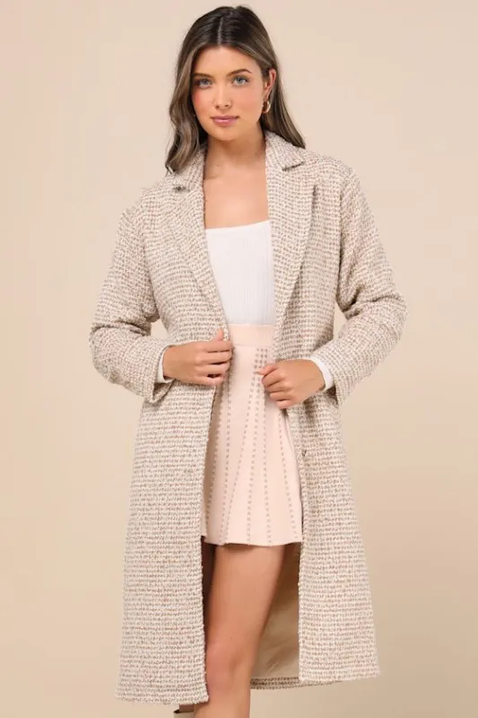 Seasonal Sophisticate Tan Tweed Belted Two-Tone Coat sold by Lulus