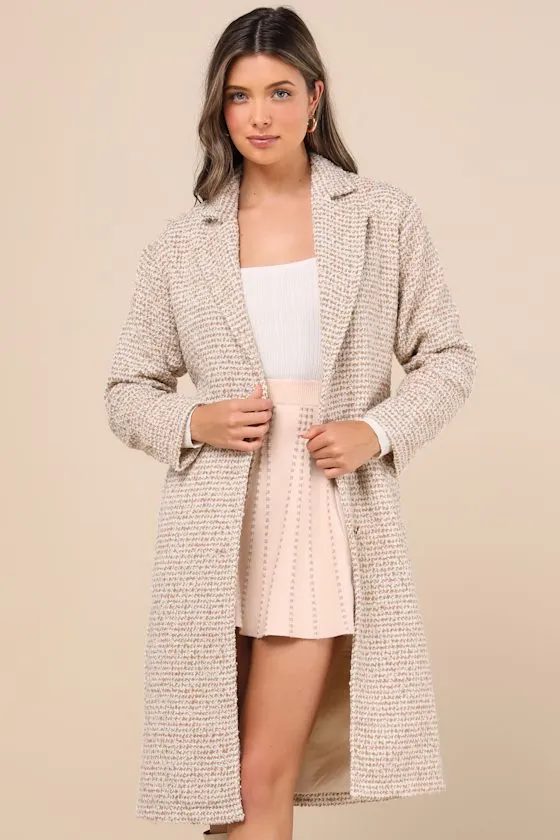 Seasonal Sophisticate Tan Tweed Belted Two-Tone Coat sold by Lulus