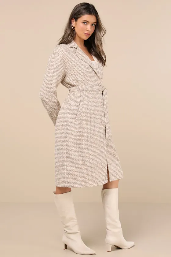 Seasonal Sophisticate Tan Tweed Belted Two-Tone Coat sold by Lulus product image thumbnail 2