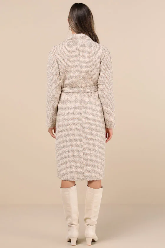 Seasonal Sophisticate Tan Tweed Belted Two-Tone Coat sold by Lulus product image thumbnail 3