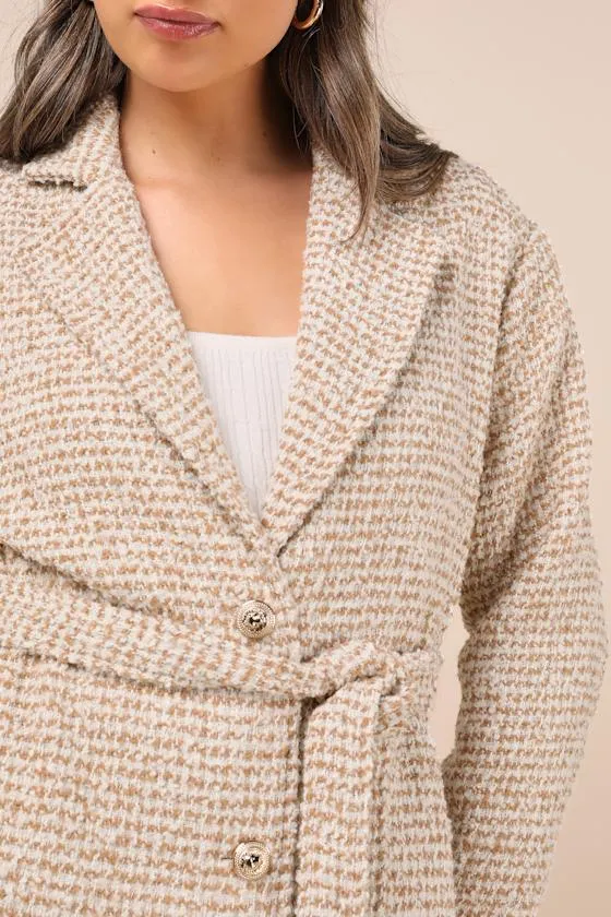 Seasonal Sophisticate Tan Tweed Belted Two-Tone Coat sold by Lulus product image thumbnail 4