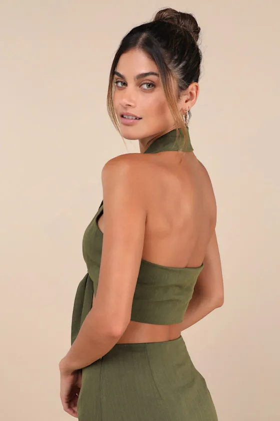 Composed Personality Olive Green Tie-Front Halter Crop Top sold by Lulus product image thumbnail 2