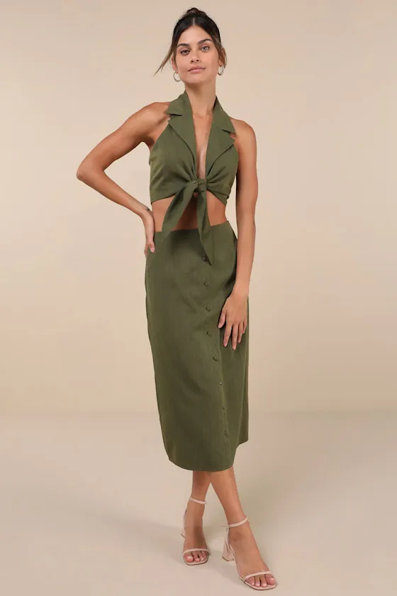 Composed Personality Olive Green Tie-Front Halter Crop Top sold by Lulus product image thumbnail 3