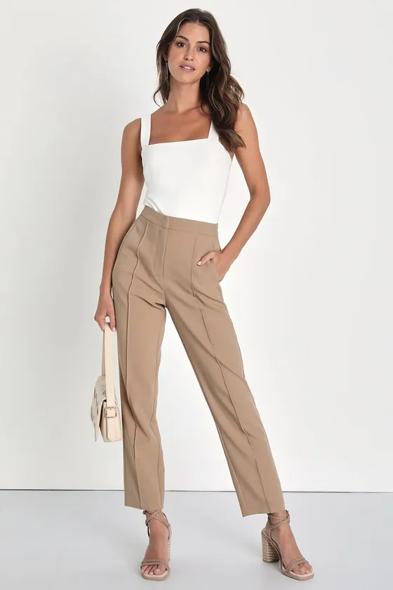 Chic Business Khaki High-Waisted Trouser Pants sold by Lulus