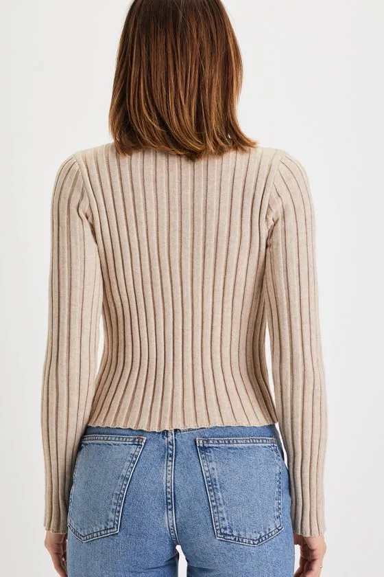 Snuggly Expression Heather Beige Ribbed Mock Neck Sweater Top sold by Lulus product image thumbnail 3