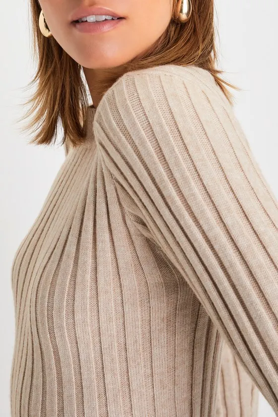 Snuggly Expression Heather Beige Ribbed Mock Neck Sweater Top sold by Lulus product image thumbnail 4