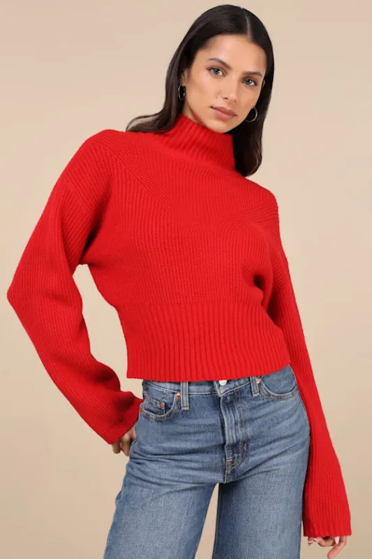 Snuggly Days Red Cropped Mock Neck Sweater sold by Lulus