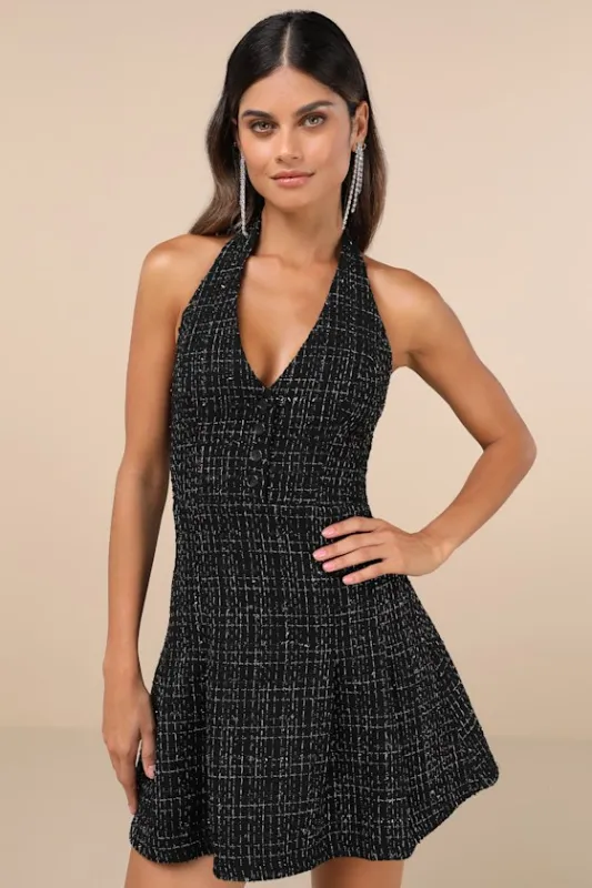 Upscale Confidence Black Tweed Lurex Pleated Halter Mini Dress sold by Lulus