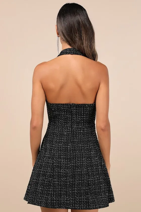 Upscale Confidence Black Tweed Lurex Pleated Halter Mini Dress sold by Lulus product image thumbnail 2