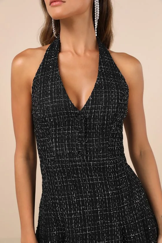 Upscale Confidence Black Tweed Lurex Pleated Halter Mini Dress sold by Lulus product image thumbnail 4