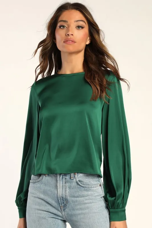Feeling Excellent Emerald Green Satin Long Sleeve Top sold by Lulus