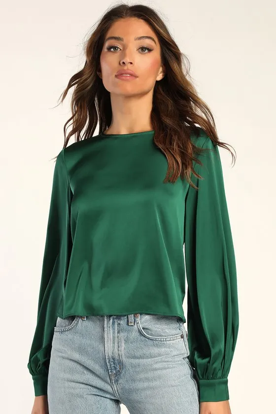 Feeling Excellent Emerald Green Satin Long Sleeve Top sold by Lulus