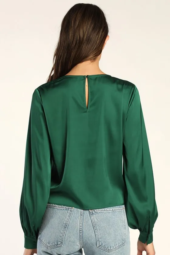 Feeling Excellent Emerald Green Satin Long Sleeve Top sold by Lulus product image thumbnail 3