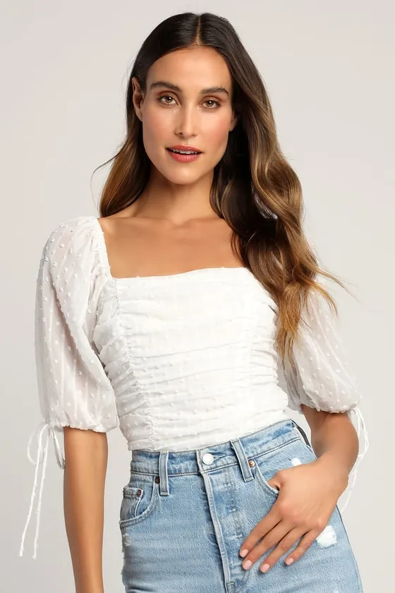 Think of Me Ivory Swiss Dot Ruched Bodysuit sold by Lulus product image thumbnail 4