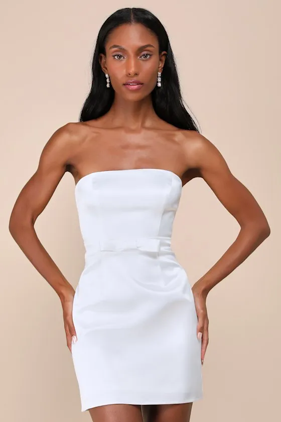 Adorable Chicness White Satin Strapless Bow Mini Dress sold by Lulus