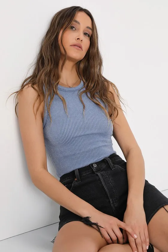 Essential Update Slate Blue Ribbed Tank Top sold by Lulus