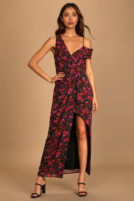 With a Flourish Black Floral Print Off-the-Shoulder Maxi Dress sold by Lulus
